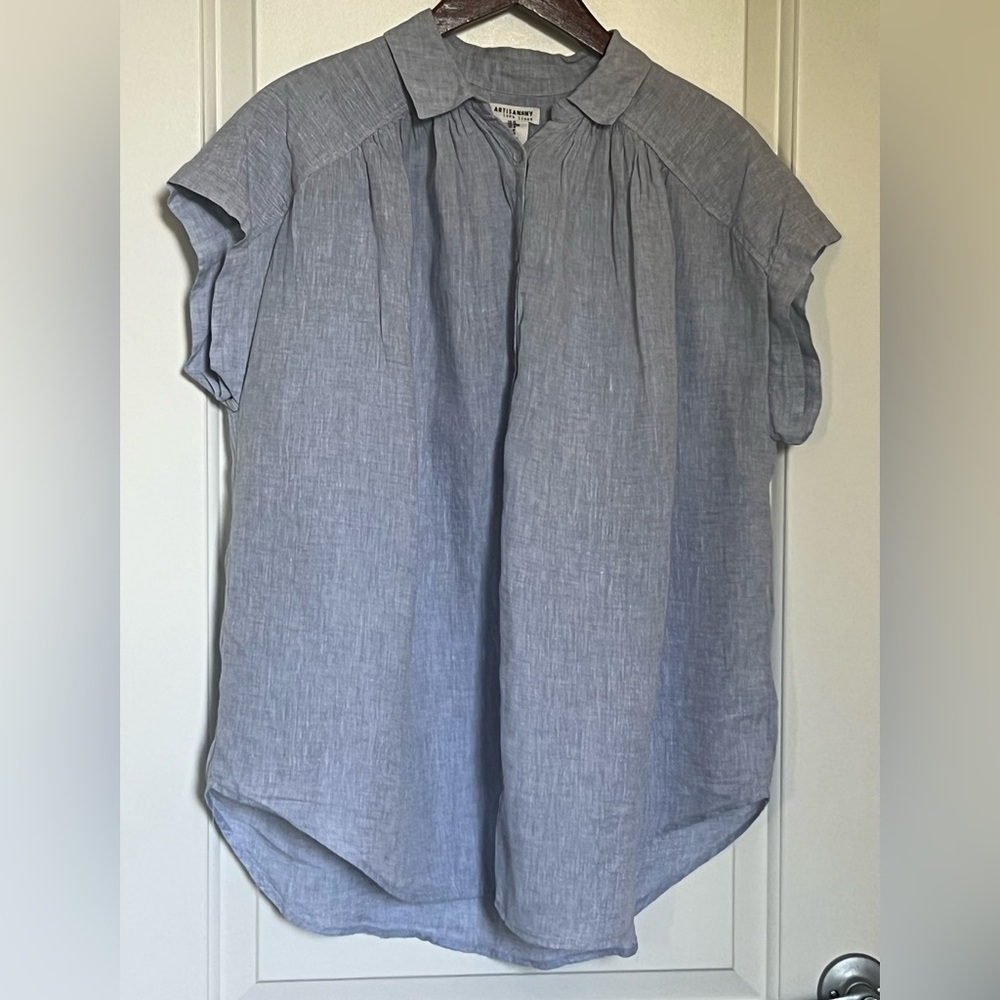 $59 Artisan NY 100% Linen Light Blue Cap Sleeves Button Front Blouse Sz M VGUC